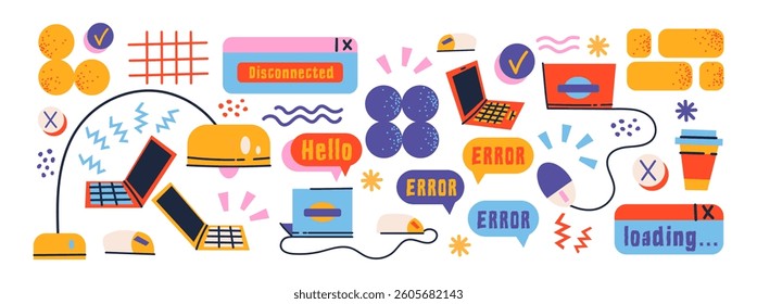Retro cartoon set of web pages pc.old computer style. geometric frames in 90s memphis style. Set of user interface elements. Retro browser computer window. Y2k vector promo doodle comic banner