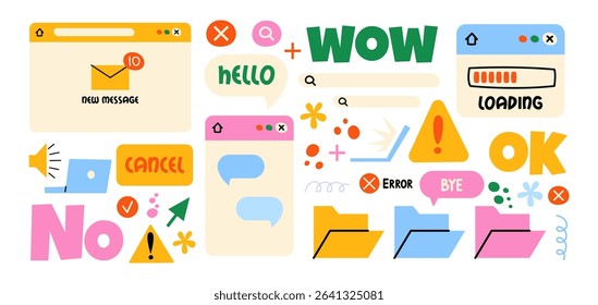 Retro cartoon set of web pages pc.old computer style. geometric frames in 90s memphis style. Set of user interface elements. Retro browser computer window. Y2k vector promo doodle comic banner
