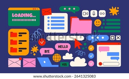 Retro cartoon set of web pages pc.old computer style. geometric frames in 90s memphis style. Set of user interface elements. Retro browser computer window. Y2k vector promo doodle comic banner
