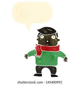 retro cartoon shocked man in winter scarf