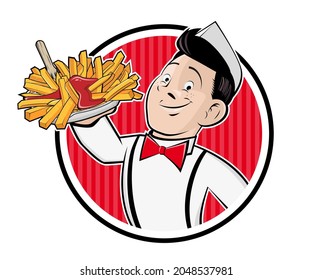 retro cartoon sign with a boy serving fries
