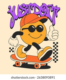 Retro Cartoon Skaters Mascot. Vintage Motivational Poster with Just Do It Quote for T-Shirt or Wall Art