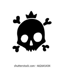 Retro cartoon skull with crown and bones. Bizarre head from hell.