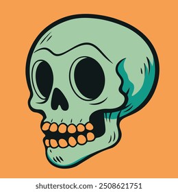 Retro Cartoon SKull Illustration With Green and Orange Color Scheme