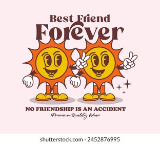 Retro cartoon smile sun mascot character with best friend forever slogan typography illustration for t shirt print or poster design. Vector illustration