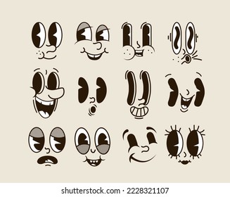 Retro cartoon smiled comic faces set isolated on white background. Vector illustration