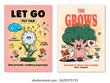 Retro cartoon smiled Dandelion and Old Tree mascot character surrounded by smiled elements and motivation lettering. Illustration for t-shirt print or poster design. Vector illustration