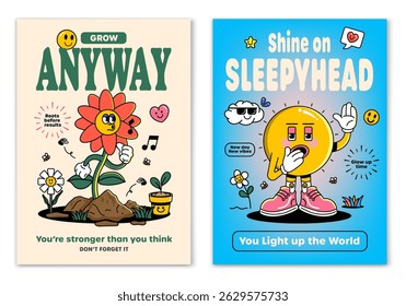 Caricatura retrô sorriu Flor e Sleepy Sun mascote personagem cercado por elementos sorrisos e letras motivação. Ilustração para impressão em camiseta ou design de cartaz. Ilustração vetorial