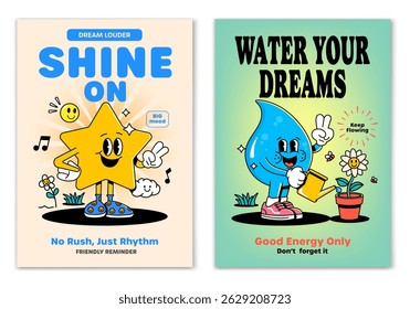 Retro cartoon smiled Golden Star and Water drop mascot character surrounded by smiled elements and motivation lettering. Illustration for t-shirt print or poster design. Vector illustration