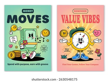 Retro cartoon smiled A pile of Money and Compass mascot character surrounded by smiled elements and motivation lettering. Illustration for t-shirt print or poster design. Vector illustration