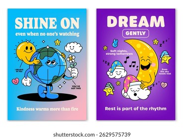 Caricatura retrô sorriu Sol e Terra e personagem mascote da Lua Sonolenta rodeado por elementos sorridentes e letras motivacionais. Ilustração para impressão em camiseta ou design de cartaz. Ilustração vetorial