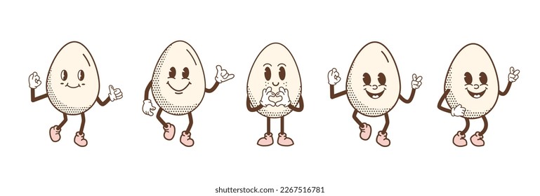 Retro cartoon smiling egg mascot character walking jumping and standing. Retro Easter Egg with halftone pattern with different face emotions. Vector illustration for t-shirt print or poster design. 