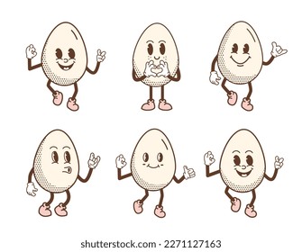 Retro cartoon smiling egg mascot character walking jumping standing. Retro Easter Egg with halftone pattern with different face emotions. Vector outline illustration for t-shirt print or poster design