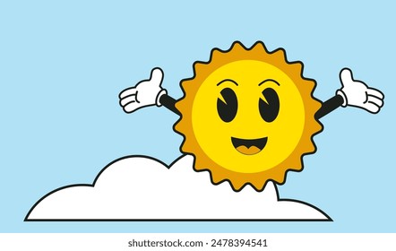 Retro cartoon smiling vector. Cute vintage sun mascot character illustration.