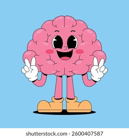 Retro cartoon smilling brain mascot
