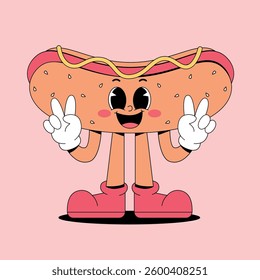 Retro cartoon smilling hotdog mascot