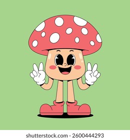 Retro cartoon smilling mushroom mascot