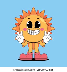 Retro cartoon smilling sun mascot