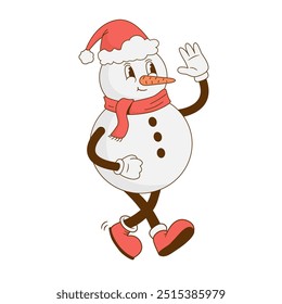 Retro cartoon snowman in red hat vector illustration. Nostalgia 70s, 80s. Christmas mascot, New year decor