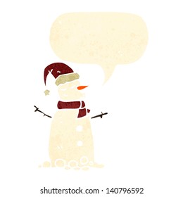 retro cartoon snowman with speech bubble