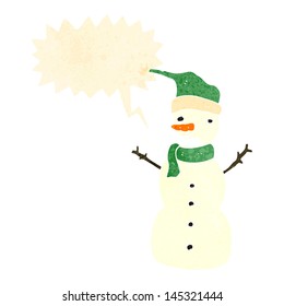 caricatura retro muñeco de nieve con burbuja de habla