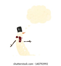 caricatura retro snowman con burbuja de pensamiento