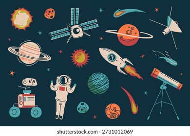Espacio de dibujos animados retro sobre fondo oscuro con Elementos cósmicos juguetones y sentimiento vintage. Ilustración vectorial plana para proyectos temáticos de educación, diseño infantil, juegos, decoración y astronomía