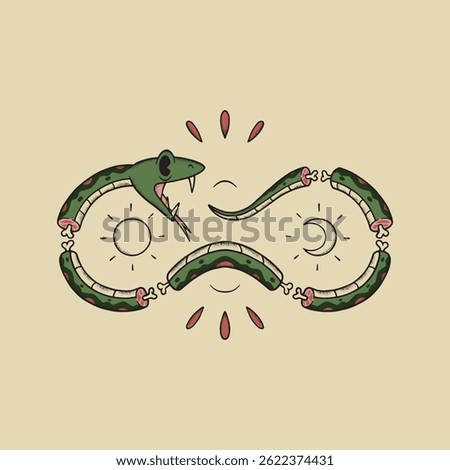 retro cartoon splited snake between sun and moon 