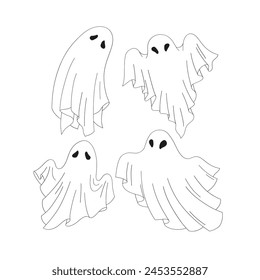 Retro cartoon spooky ghosts in white blanket vector illustration set isolated on white. Hand drawn linear style scary phantoms print collection. October 31st Halloween holiday party trick or treat