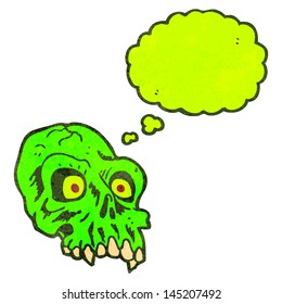 retro cartoon spooky green skull with thought bubble