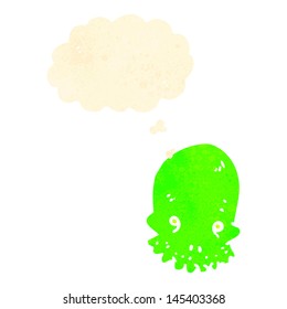 retro cartoon spooky green skull with thought bubble