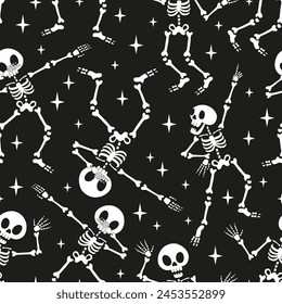 Retro cartoon spooky skeleton dancing on Halloween party vector seamless pattern. Hand drawn linear style groovy human bone frame background. October 31st holiday trick or treat event themed graphics