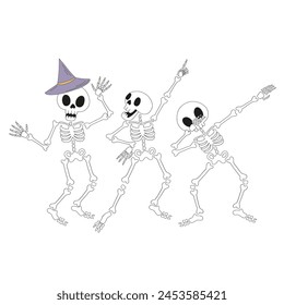 Retro cartoon spooky skeleton dancing on Halloween party vector illustration set isolated on white. Hand drawn linear style groovy human bone frame print collection. October 31st holiday trick or