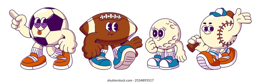 Retro cartoon sports ball characters set in sneakers with expressive faces - soccer pointing, football flexing, golf shy, baseball in cap with bit waving hand. Vintage groovy athletic mascot.