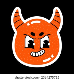 Retro cartoon sticker with funny comic character devil. Modern flat emoji vector illustration.