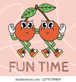 Retro cartoon sticker with funny comic cherry character, gloved hands. Hand drawn doodles of comic groovy character. Vintage vector.