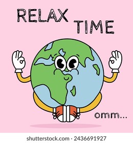 Retro cartoon sticker with funny comic Earth character, gloved hands. Hand drawn doodles of comic groovy character. Vintage vector.