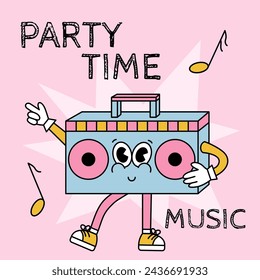 Retro cartoon sticker with funny comic tape recorder character, gloved hands. Hand drawn doodles of comic groovy character. Vintage vector.