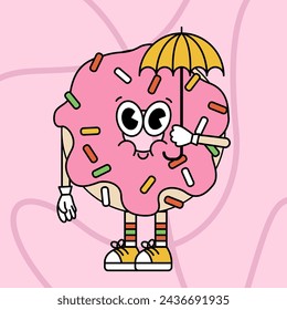 Retro cartoon sticker with funny comic donut character, gloved hands. Hand drawn doodles of comic groovy character. Vintage vector.