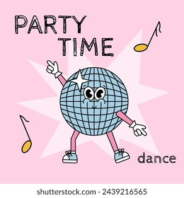 Retro cartoon sticker with funny comic disco layer character, gloved hands. Hand drawn doodles of comic groovy character. Vintage vector.
