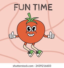 Pegatina de dibujos animados retro con personaje de tomate cómico divertido, manos enguantadas. Dibujados a mano garabatos de carácter cómico. Vector vintage.