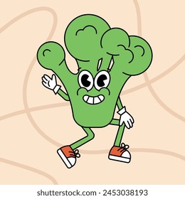 Retro cartoon sticker with funny comic broccoli character, gloved hands. Hand drawn doodles of comic groovy character. Vintage vector.