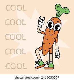 Retro cartoon sticker with funny comic carrot character, gloved hands. Hand drawn doodles of comic groovy character. Vintage vector.