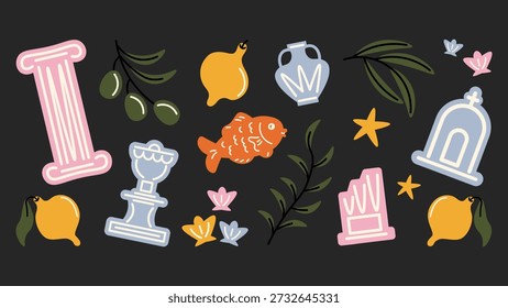 Conjunto de pegatinas de dibujos animados retro inspirado en la Antigua Grecia. Iconos lúdicos de columnas, ánforas, bustos esculpidos, aceitunas, limones, peces y detalles míticos mediterráneos.