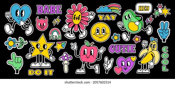 Retro cartoon stickers with funny comic characters and gloved hands. Contemporary abstract shape, banana, star and mushroom badge vector set. Happy avocado, heart and apple with legs in boots