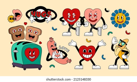 Retro cartoon stickers with funny comic characters, gloved hands. Contemporary illustration of comic hearts, sausage, toaster, banana, flower, kiss lips, toasts, hugs, love