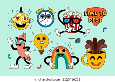 Retro cartoon stickers with funny comic characters, gloved hands. Contemporary illustration with cute comic book characters. Doodle Comic characters. Cartoon style set.