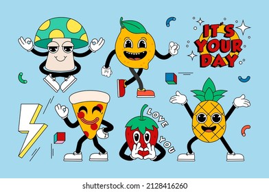 Retro cartoon stickers with funny comic characters, gloved hands. Contemporary illustration with cute comic book characters. Doodle Comic characters. Cartoon style.