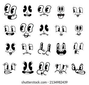 Retro cartoon stickers with funny comic characters, cartoon-style faces, vintage cartoon-style expressions drawings.