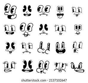 Retro cartoon stickers with funny comic characters, cartoon-style faces, vintage cartoon-style expressions drawings.